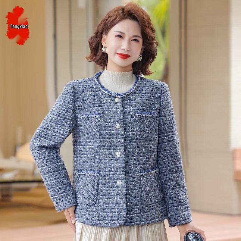 Elegant Tweed Round Neck Jacket for Middle-Aged Women XL