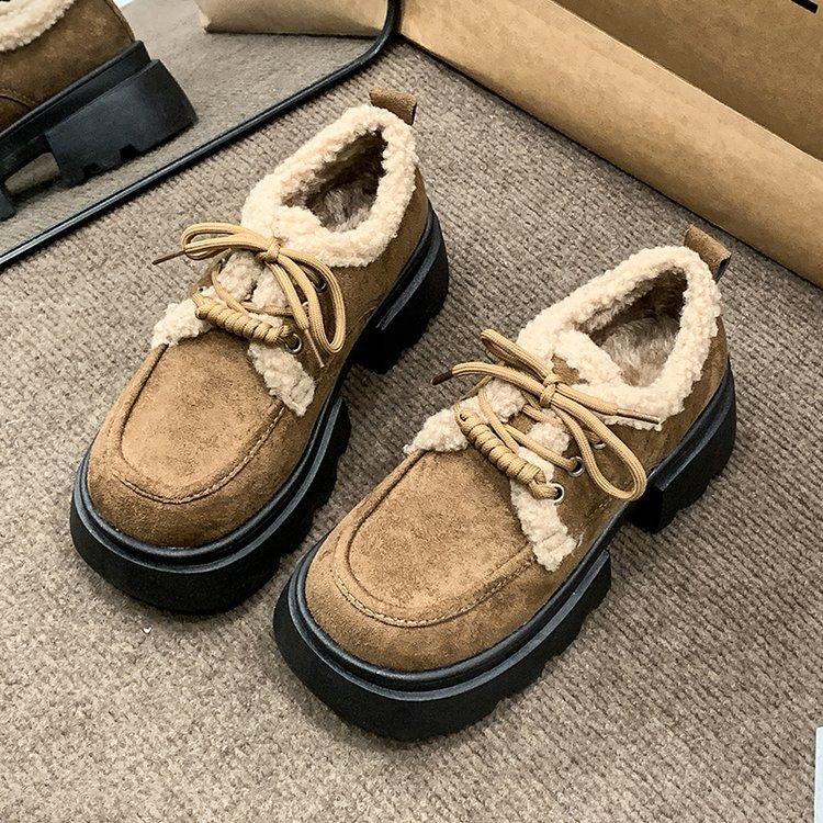 Plush Shoes Muffin Bottom Retro Style Simple Foreign Style Small Fragrant Style Loafers Heightening Cotton Shoes