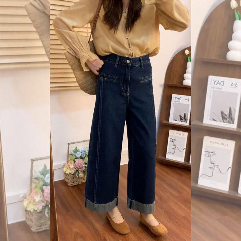 Women s High-Waist Wide-Leg Jeans in Dark Blue - Casual Autumn Trend, Plus Size Available L