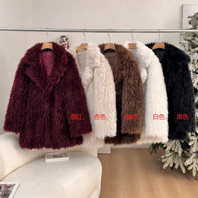 Damen Notched Lapel Langarm Kunstpelzmantel Lockerer Schnitt Streetwear Flauschige Jacke