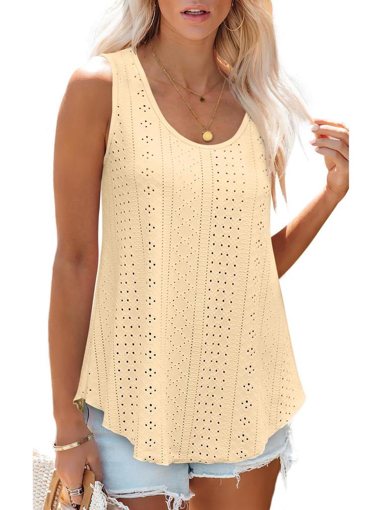 European & American Women's Summer Crew Neck Eyelet Sleeveless Tank Top T-Shirt
