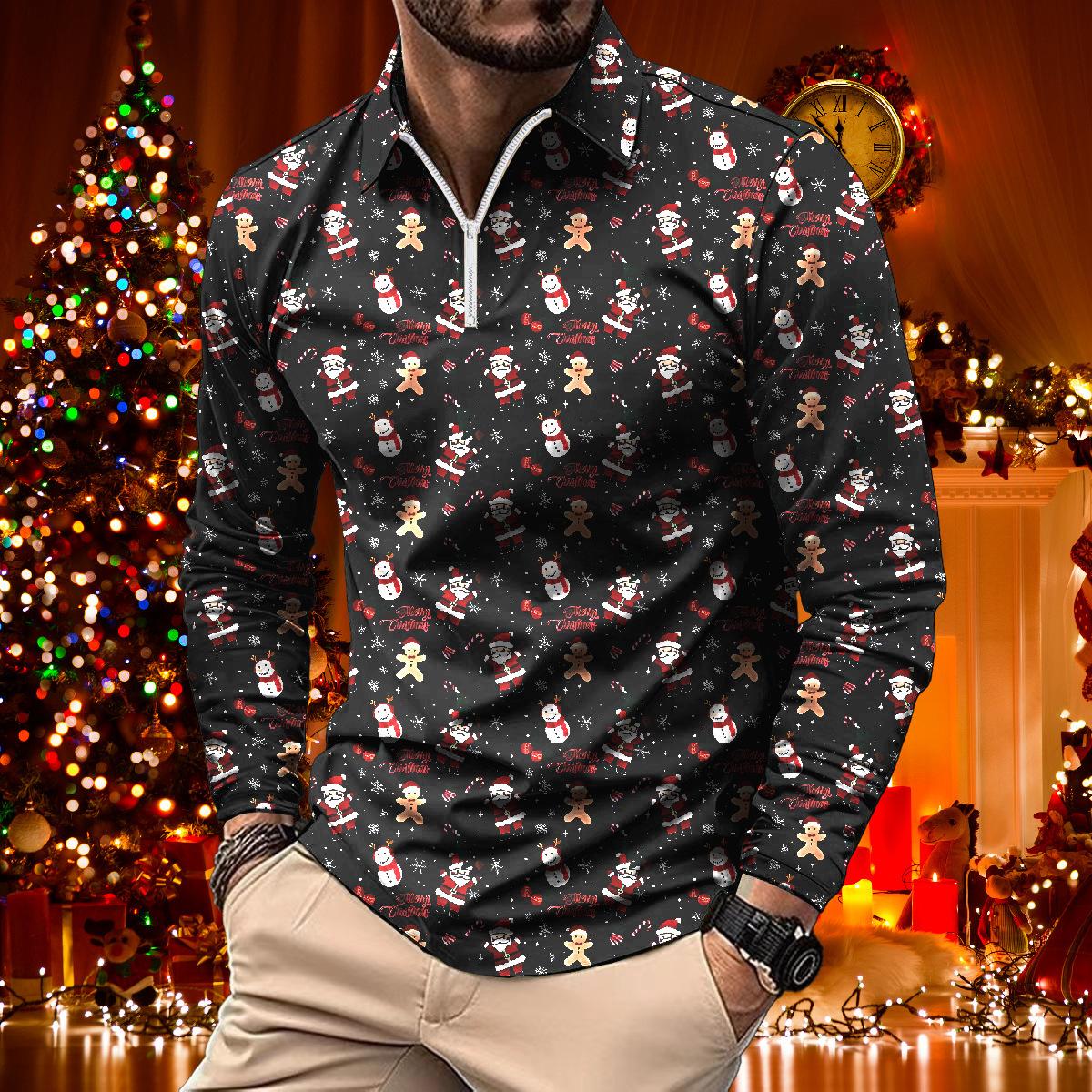 

New Men s Christmas Party Casual Printed Long Sleeve Lapel Polo Uniform Large Size polo S білий