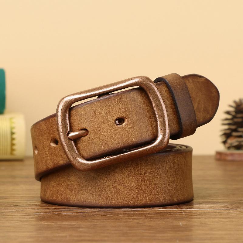 3.8Cm Wide Copper Buckle Belt Men'S Leather Pin Buckle Natal Year First Layer Cowhide Retro Casual Jeans Belt