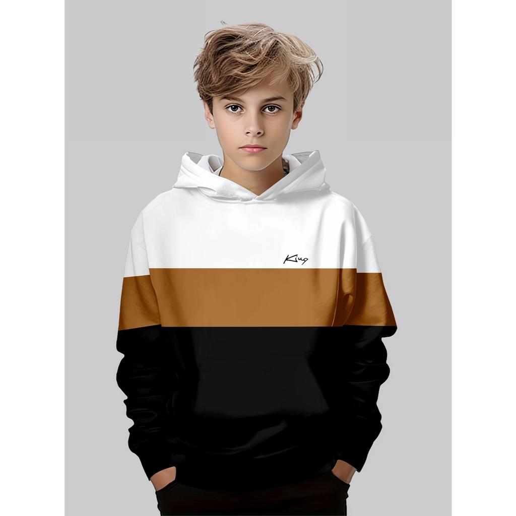 Boys' 3D Printed Hooded Sweatshirt - Contrasting White/beige/brown/black Pullover, Machine Washable Long Sleeved Sweater