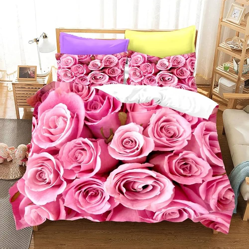 Rose Duvet Cover QueenRomantic Floral Bedding Set for Girls CoupleBlossom Flowers Quilt Cover Valentine's Day Bedspread Cover