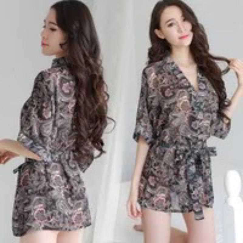 Sexy Lingerie Sexy Chiffon Nightgown Hot Transparent Tulle Bathrobe Extremely Tempting Printed Pajamas
