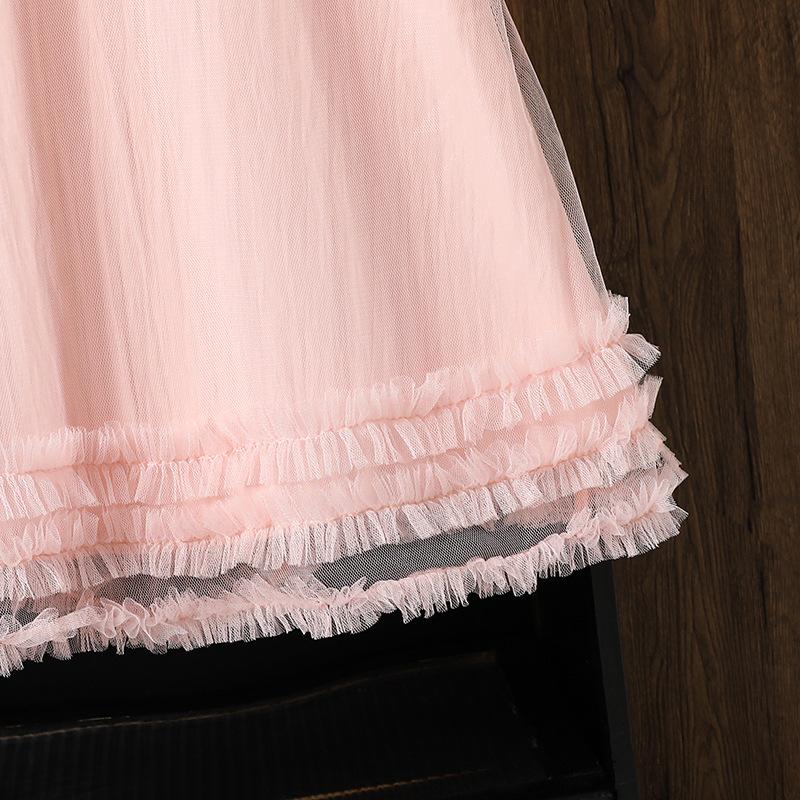 Girls' Dress Children's Autumn New Long-Sleeved Dress Three-Dimensional Bow Dress Sweet Mesh Dress