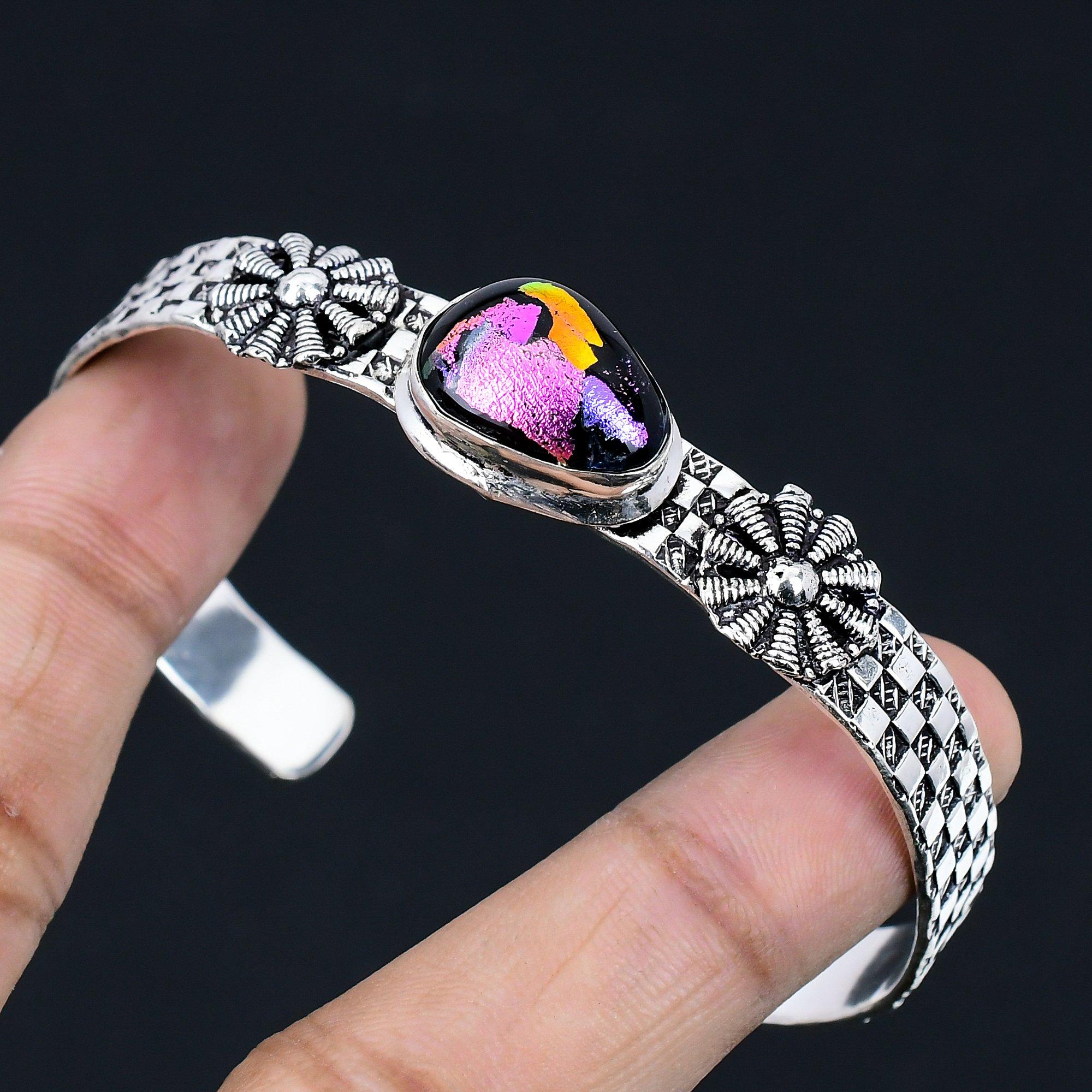 

925 Sterling Silver American Dichroic Glass Stone Wedding Ethnic Bangle Jewelry Adjustable