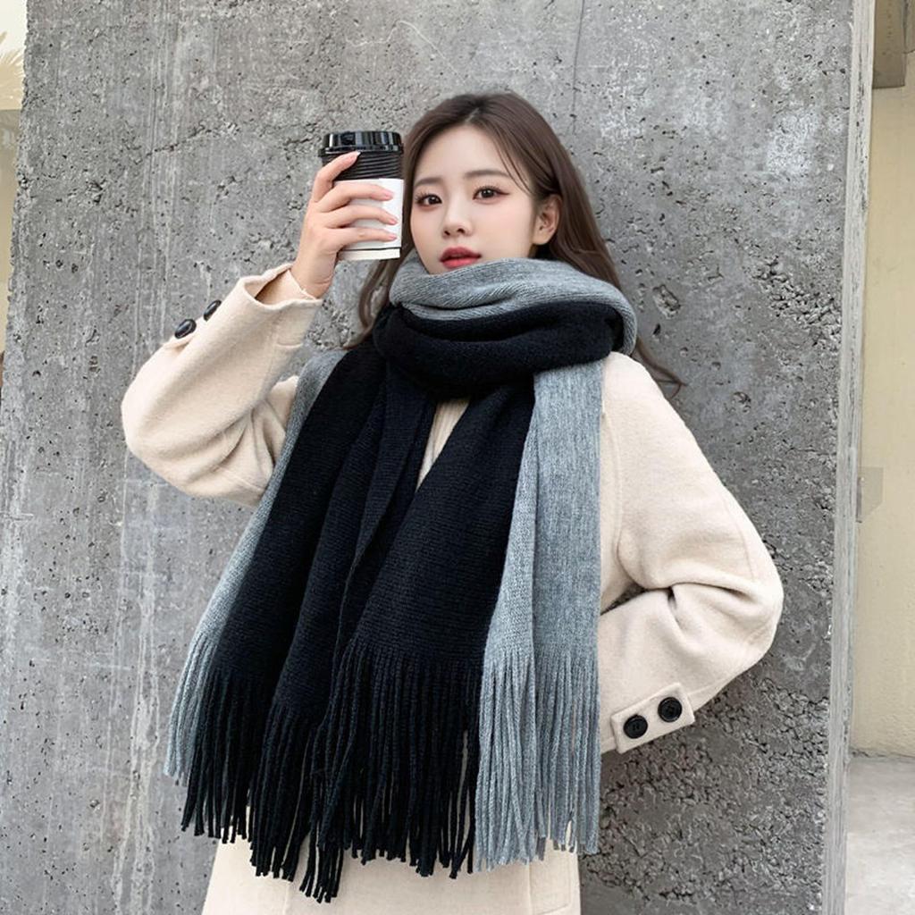 Korean Style Thick Color Block Knitted Scarf for Women, Classic Versatile Imitation Cashmere Winter Shawl