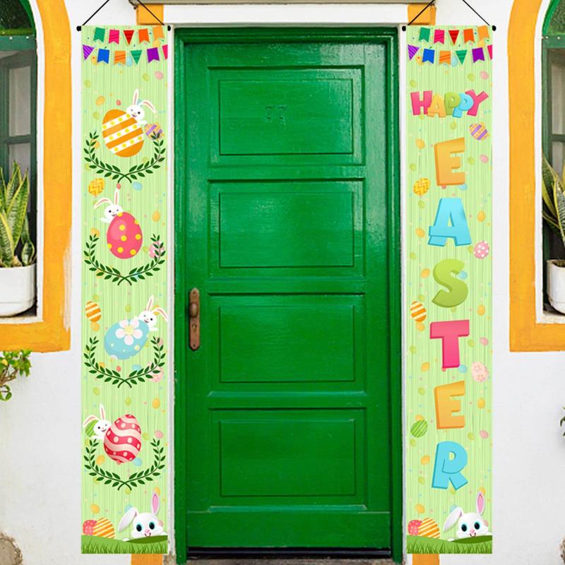 Happy Easter Porch Sign Banner Indoor Door Banner Easter Bunny Eggs Front Door Banner Easter Bunny Decoration For Indoor And
