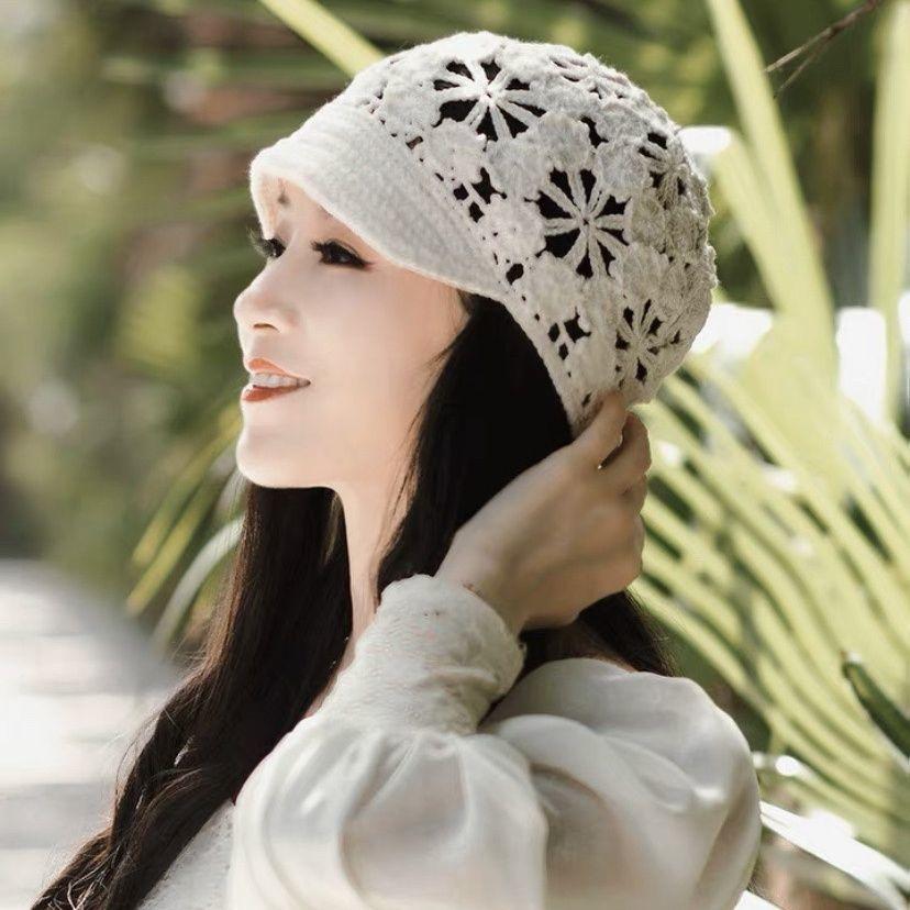 Women's Handmade Hollow Knit Visor Beanie Short Brim Face Slimming Head Wrap Hat Elegant Hair Loss Covering Cap