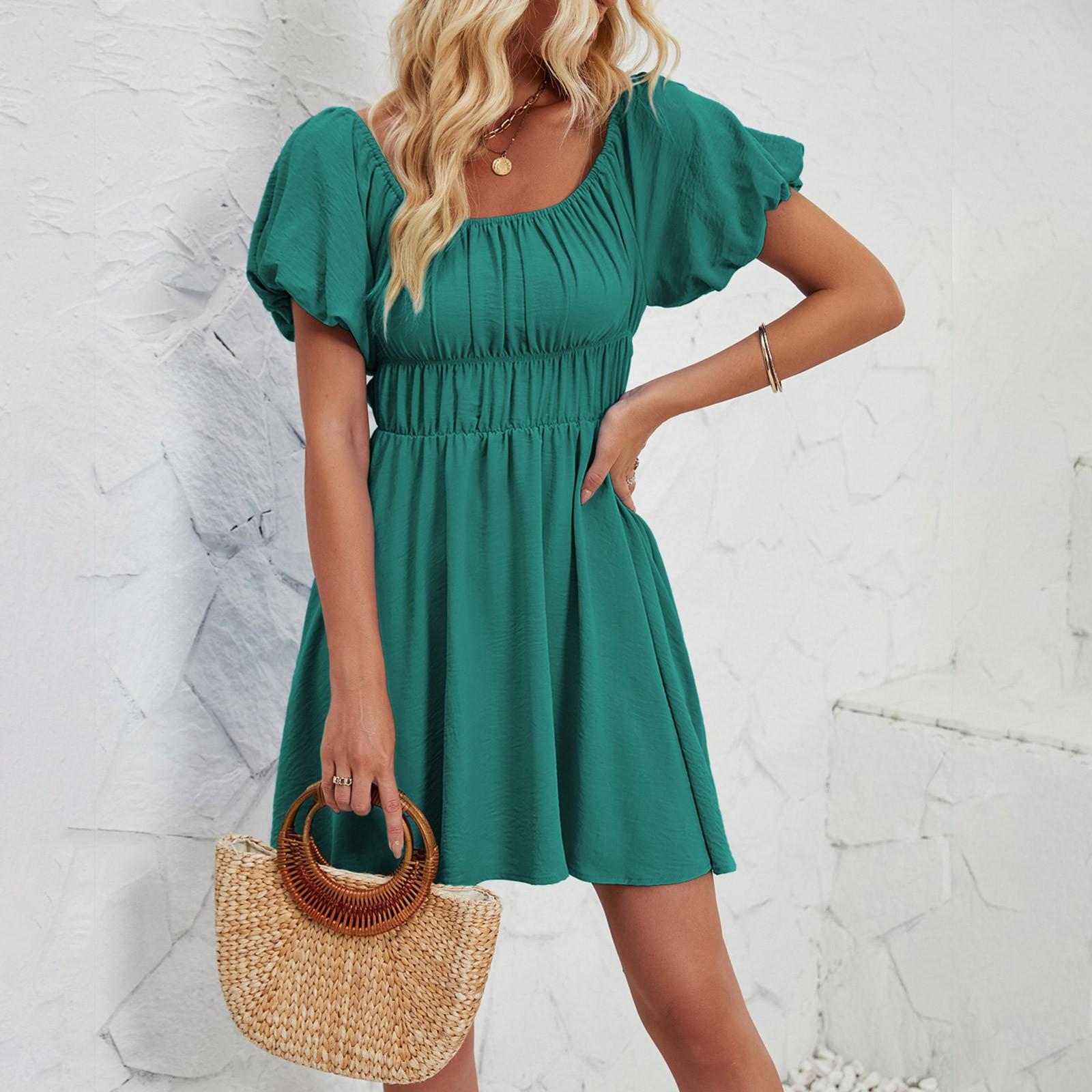 Женское модное однотонное платье с одной линией выреза и короткими рукавами — фото 5