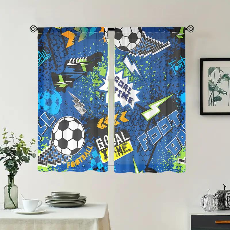 2 Pieces, Fashionable Cartoon Football Curtains - Semi Blackout - Suitable for Living Room, Bedroom, Kitchen, Home Decoration