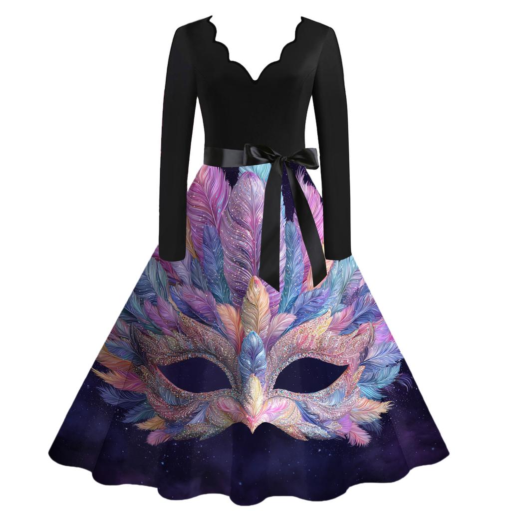 Damen Casual Mode V-Ausschnitt Karneval Bedrucktes Vintage Kleid