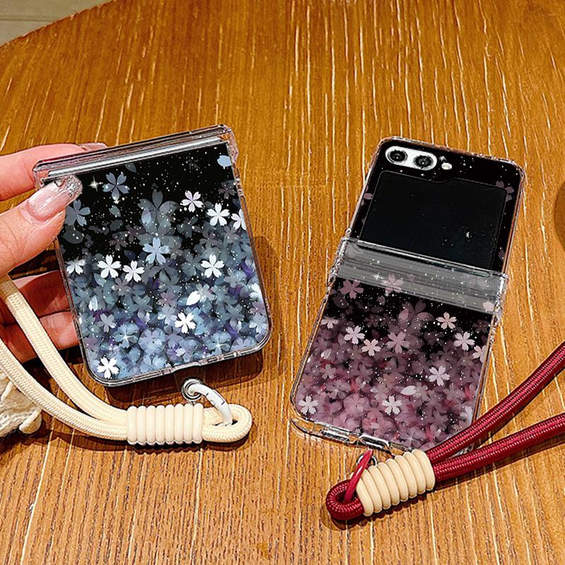 Cherry Blossom Lanyard Phone Case For Samsung Galaxy Z Flip 7 FE 6 5 4 3 5G Folding Hard Clear Cover For Samsung Z Flip7 Flip6