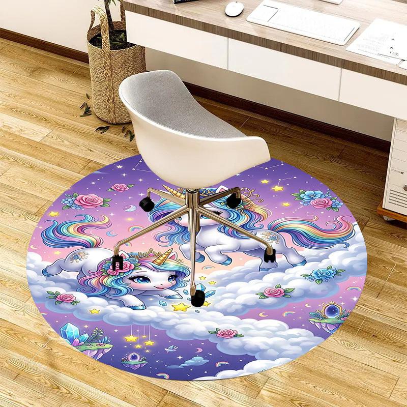 1PC Unicorns Clouds Non-Slip Floor Round Carpet, Office, Family, Bedroom, Large Area Rug Indoor Rugs, Durable Polyester-L0392