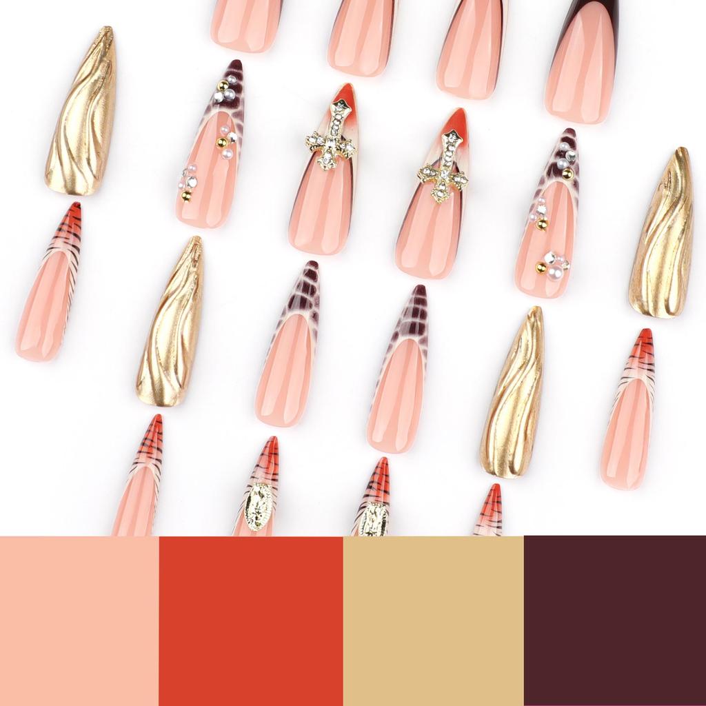 Ongles French Léopard Imprimé Strass Stiletto Longs 3D - Faux Ongles Finition Super Brillante