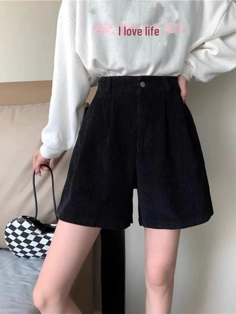 Large Size Women's Corduroy Wide-Leg Shorts - High Waist, Versatile, Casual Fall/Winter Style
