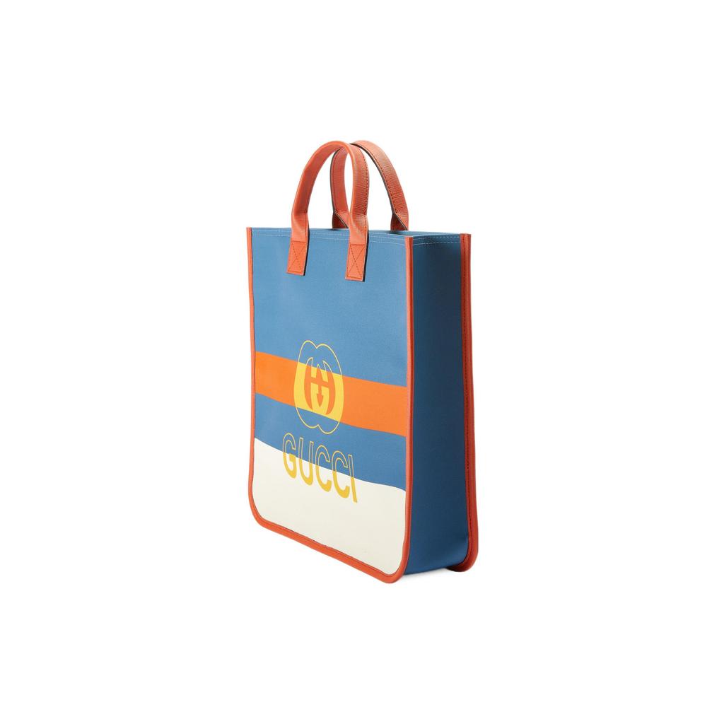 Gucci Logo Print Tote Bag Blue Orange White Canvas Leather Trim Top Handle Handbag for Kids Daily Commute 550763-FAB3Z-8476
