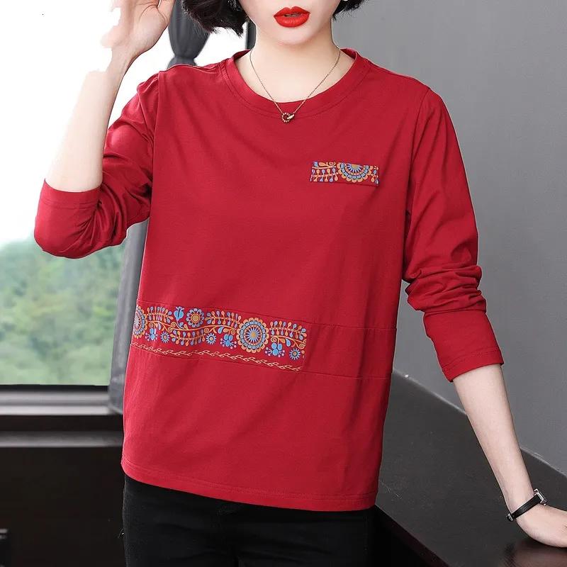 Mittleren Alters Mutter Reines Baumwoll-T-Shirt Damen Neu Chinesisches Neujahr Rot Mode Oberteil Kleidung Frühling