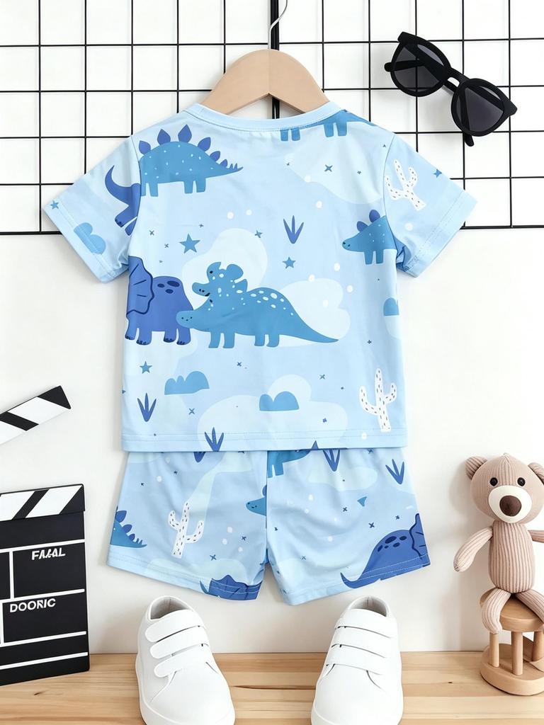 Toddler Boys Cute Blue Cartoon Dinosaur Print 2-Piece Outfit, Summer Casual Clothes for Kids, Perfect for Playwear & Outdoor