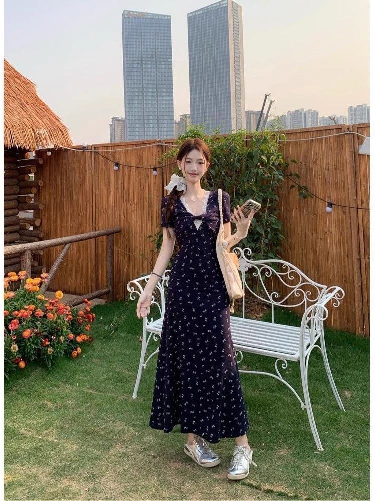 French Blue Vneck Lace Floral Maxi Dress With Slim Fit For Summer 2026