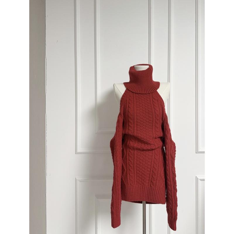Korean Style High Neck Backless Knit Bodycon Skirt Dress One Size красный