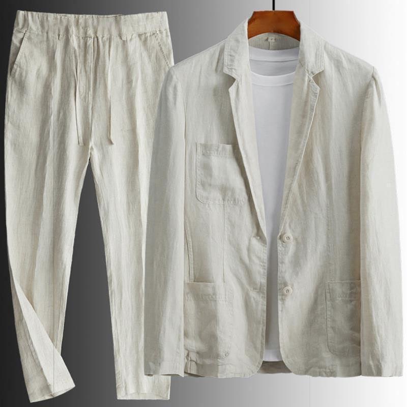 Completo in Lino Moda Uomo Pantaloni a Gamba Larga Set Estivo Due Pezzi