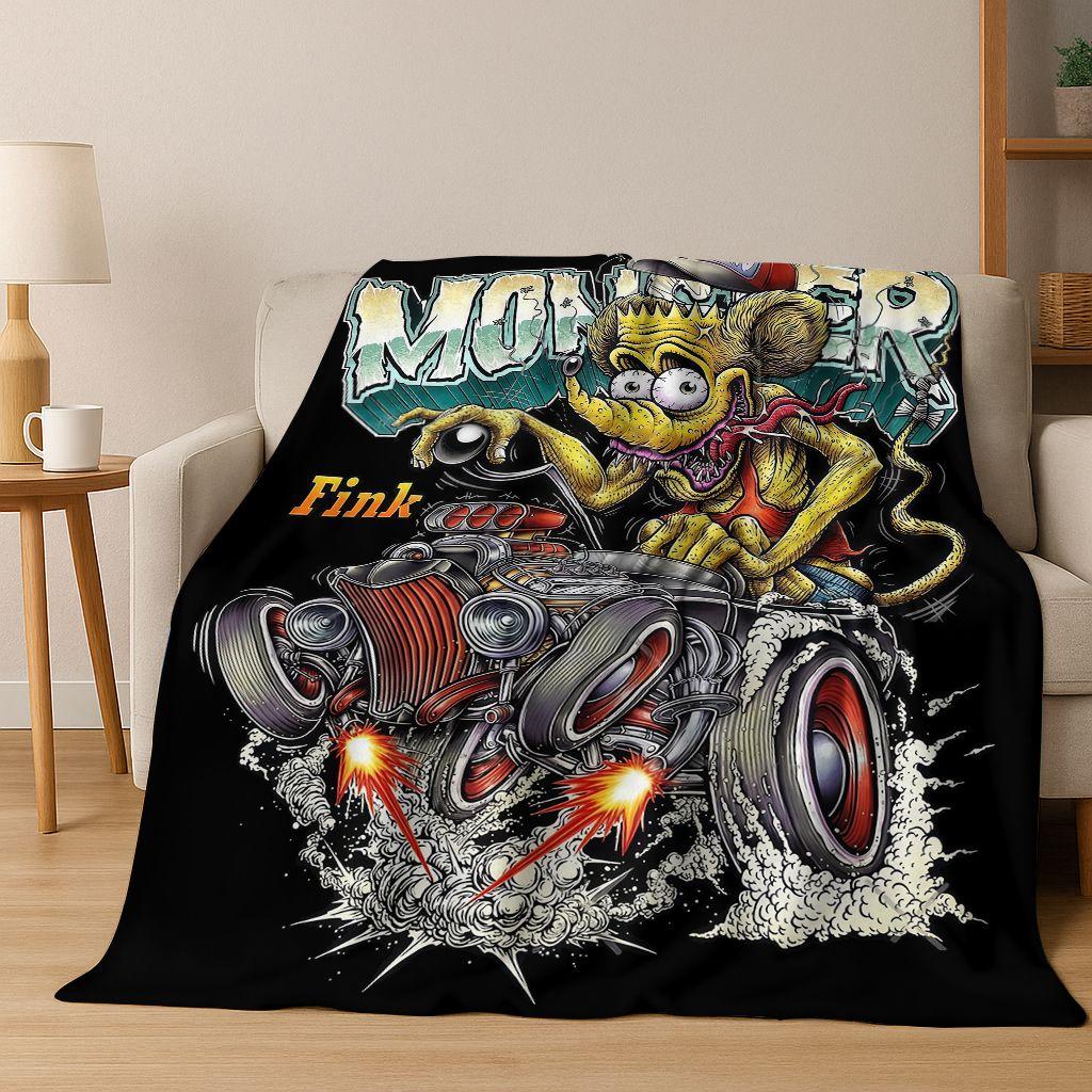 3D Buntowniczy RAT FINK Samochody Znak Kreskówkowy Koc Flanelowy, Ciepły i Przytulny Miękki Koc Rzutowy do Domu Sypialni Łóżka Sofy Pokrycie Piknikowe