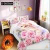 Kawaii Pink Cat Bedding Set Twin/Full/Queen Size Floral Pink Rose Blossoms Duvet Cover Set For Women And Girls Room Decor
