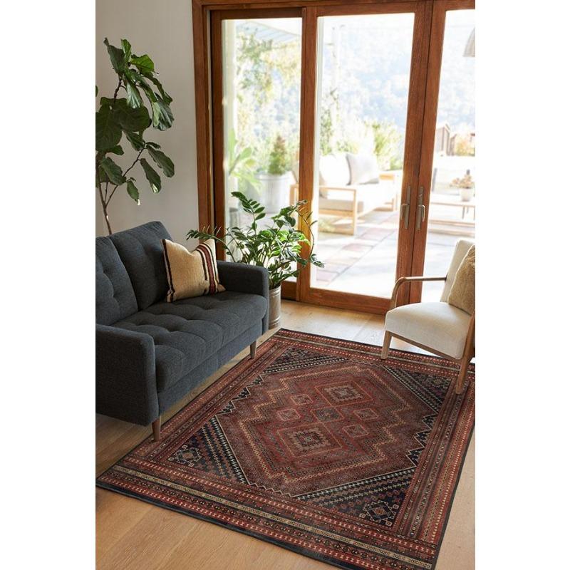 Vintage Persian Amber Red Rug Washable Anti Slip Traditional Decorative Rug for Living Room Bedroom Kitchen Bathroom
