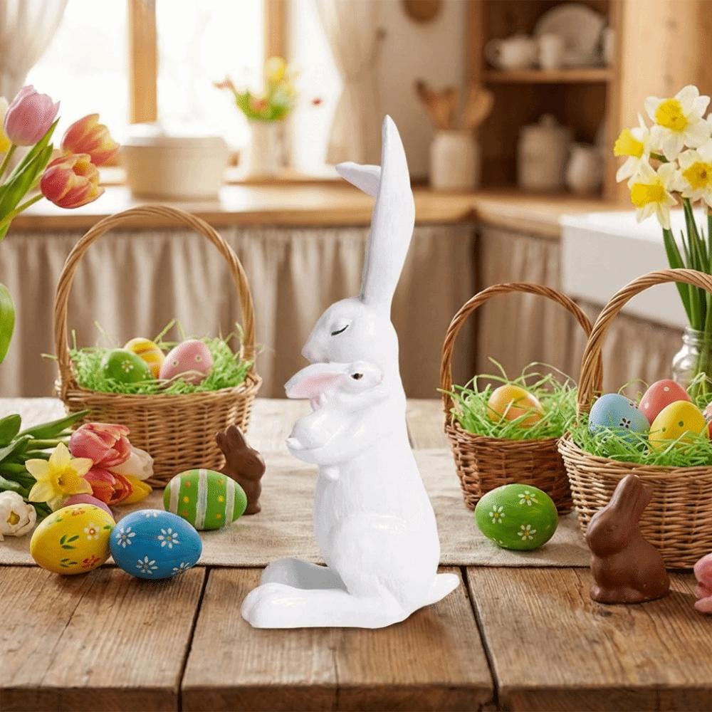 Cute Easter Bunny Statue Ornament Cartoon Hand-Carved Resin Rabbit Ornament Resin Novelty Easter Decoration Festive Decoration
