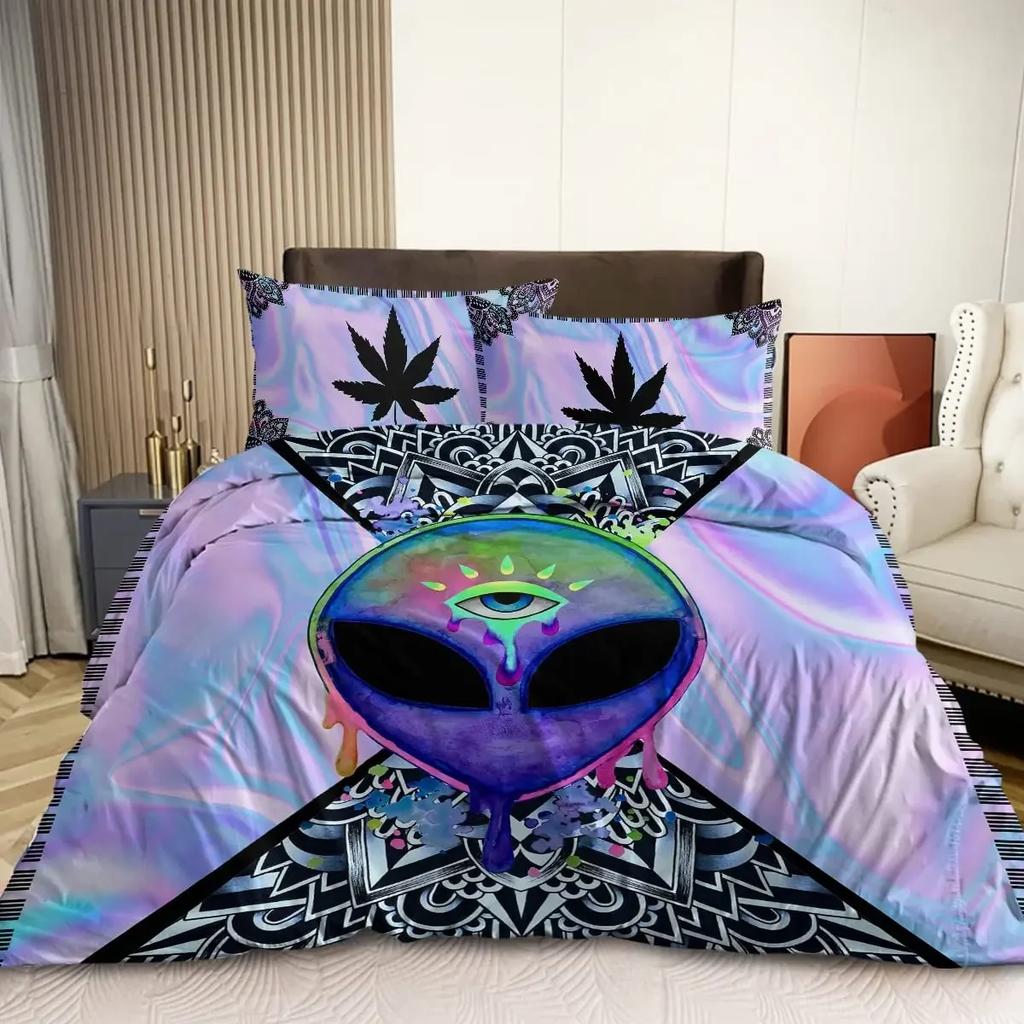 Alien UFO Duvet Cover Queen Boys Kids Supernatural Martiansal Beings From Other Planets Head of An Alien Polyester Qulit Cover