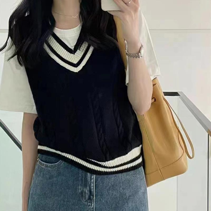 Women Patchwork V-neck Knit Sweater Vest Sleeveless Rib Preppy Style Pullover Sweater Vest For Women 2024 Autumn Winter