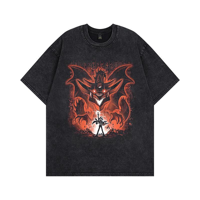 Kanye American trend retro washing water cartoon short-sleeved vintage old loose round neck men's and women's same T-shirt