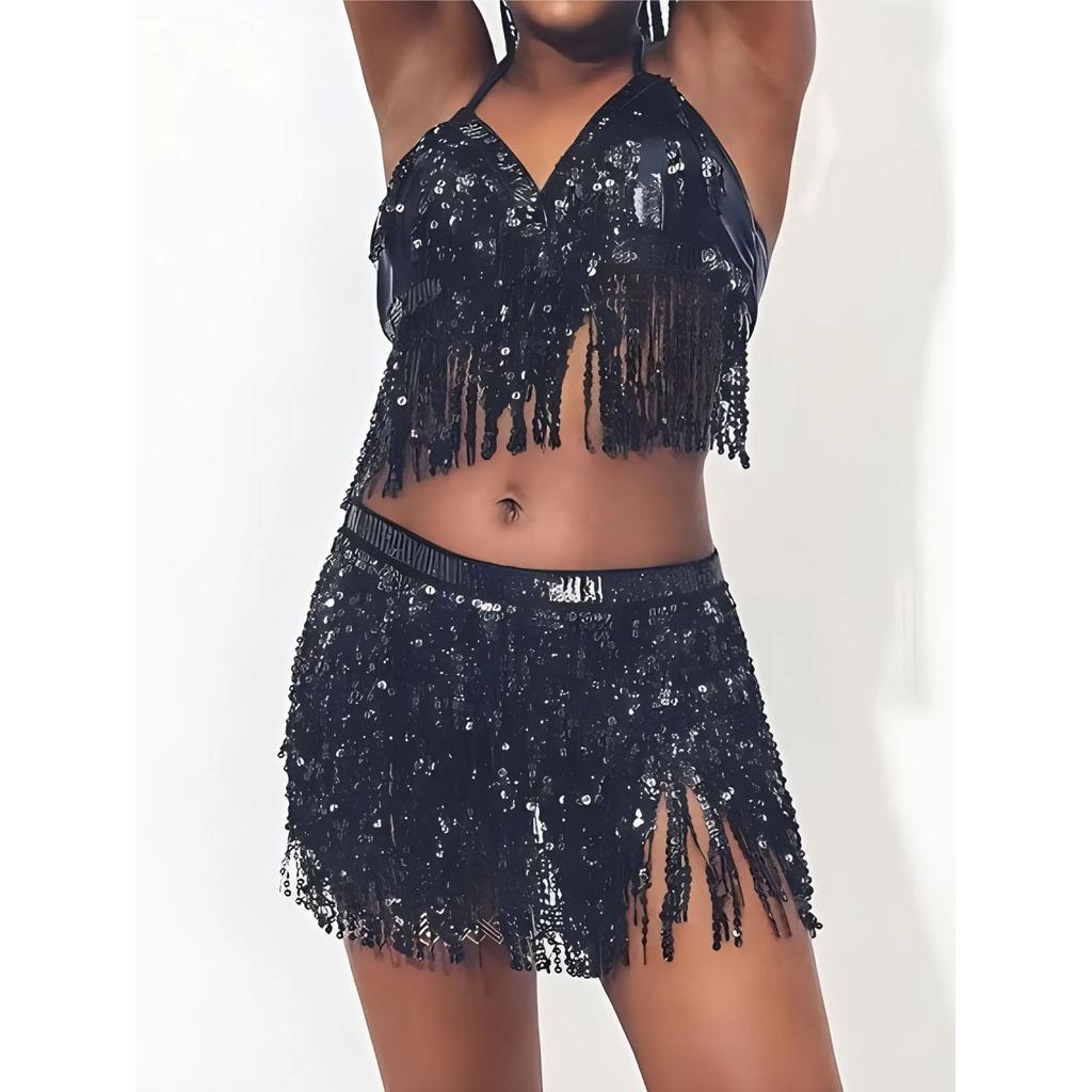 Belly Dance Top Bra Belt Set Latin Sequin Fringe Halter Hip Skirt Sexy Party Costume 4 Layer Tassel Stage Performance Cloth Wear