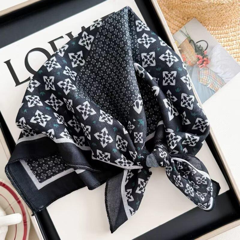 Cotton and linen geometric polka dots retro printed silk scarf women's square scarf high-end shawl sunscreen neck scarf headscarf scarf