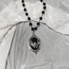 Gothic Bat Cross Pendant Necklace Women's Retro Y2K Heart-shaped Black Bead Necklace Sweater Chain