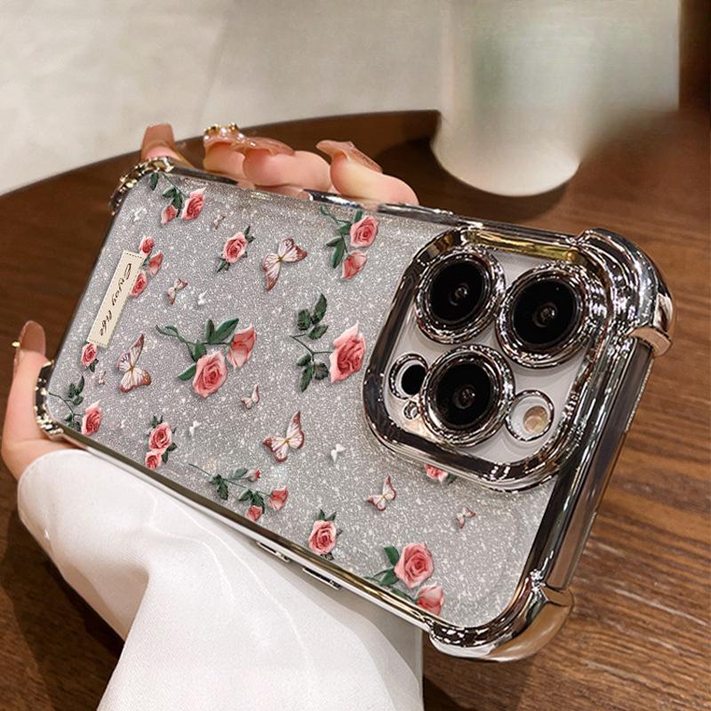 Rose Butterfly Suitable for Apple 16pro Spring and Summer Mobile Phone Case 15 Four Corners Anti-fall 14 Electroplating 13 Transparent Silicone X