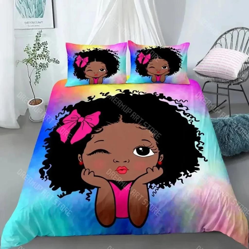 3D Print American Black Girl Duvet Cover Set,Black Girl Magic Bedding Set Full Size,Cute Little Afro Black Princess Comforter