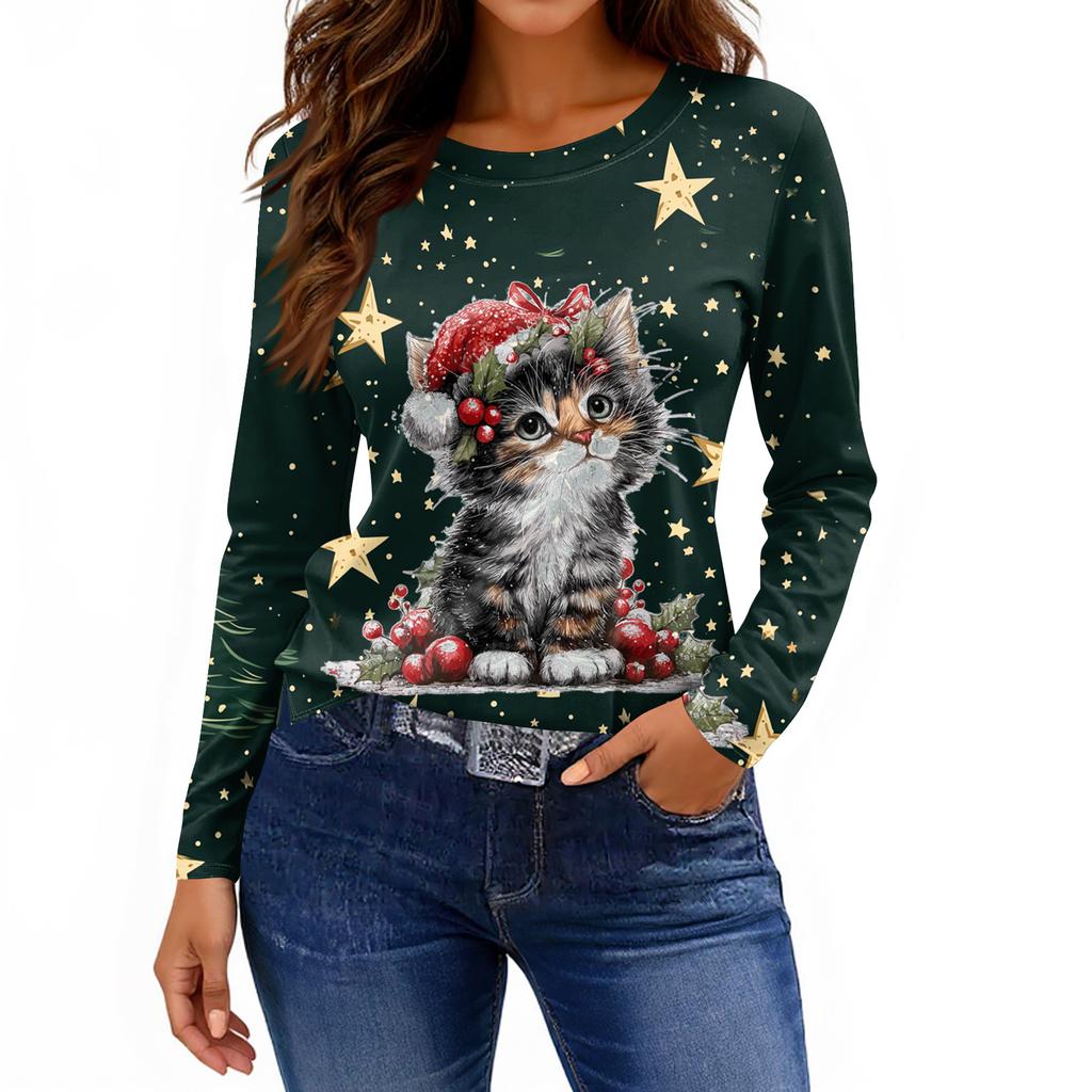 Women's Fashion Casual Slit Hem Round Neck Long Sleeve Loose Printed T-Shirt Ladies Top