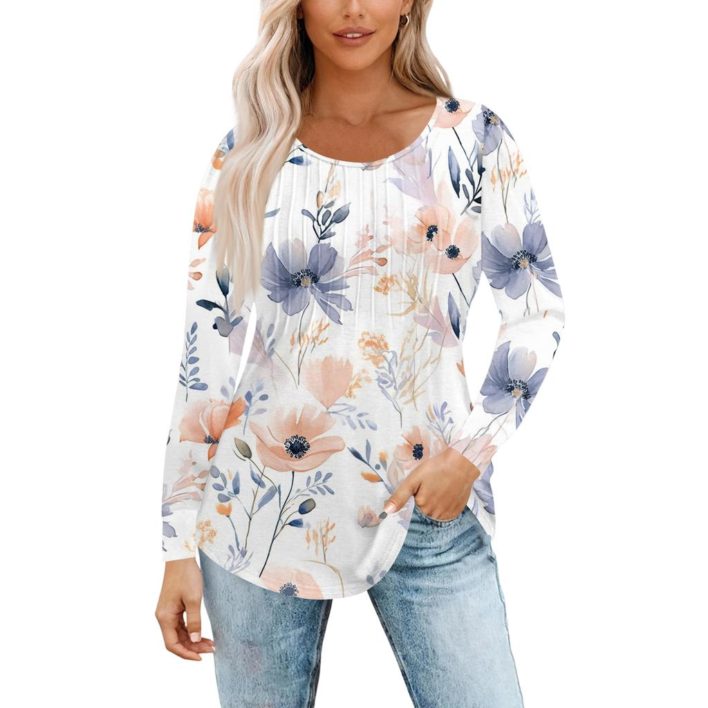Women's Fashion Casual Pleated Round Neck Vintage Floral Print Long Sleeve T,Shirt Top