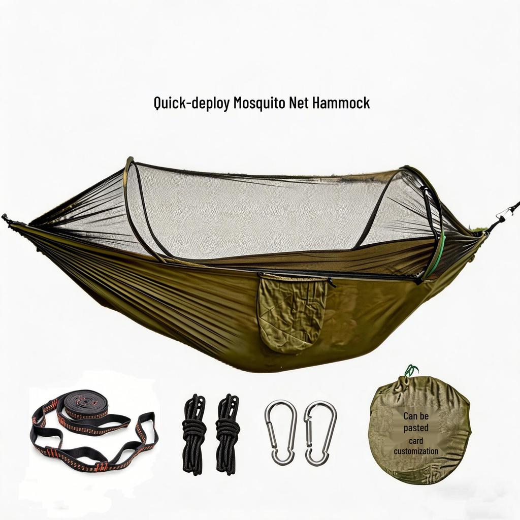 Quick-Open Mosquito-Resistant Hammock with Net, Single/Double Person, Anti-Roll Parachute Cloth for Outdoor Camping Swing