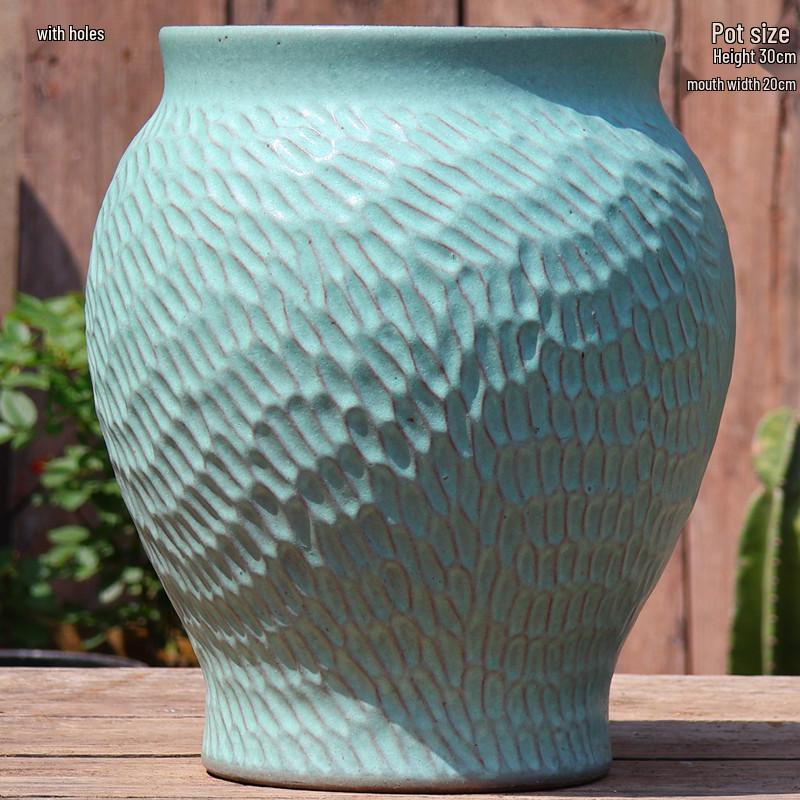 Tall Retro Handmade Green Ceramic Pot for Succulents and Flowers
