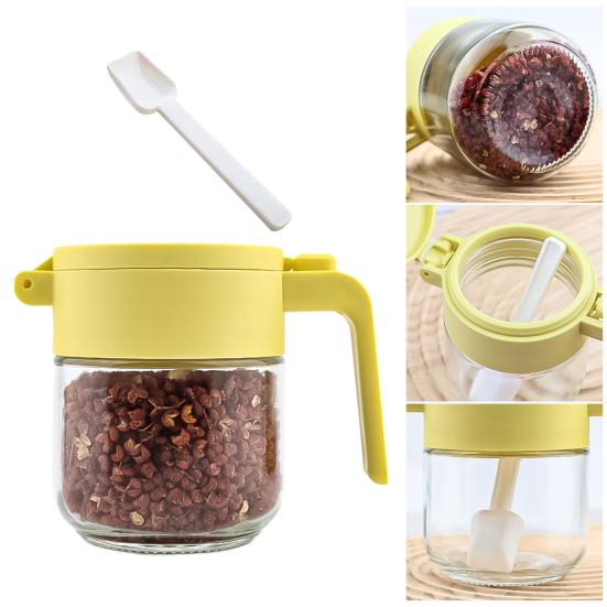 Glass Spice Jar with Airtight Lids Measuring Spoons 250ml Seasoning Bottle for Salt Sugar Seasonings Press-Type One-Hand Open Moisture-Proof Condiment
