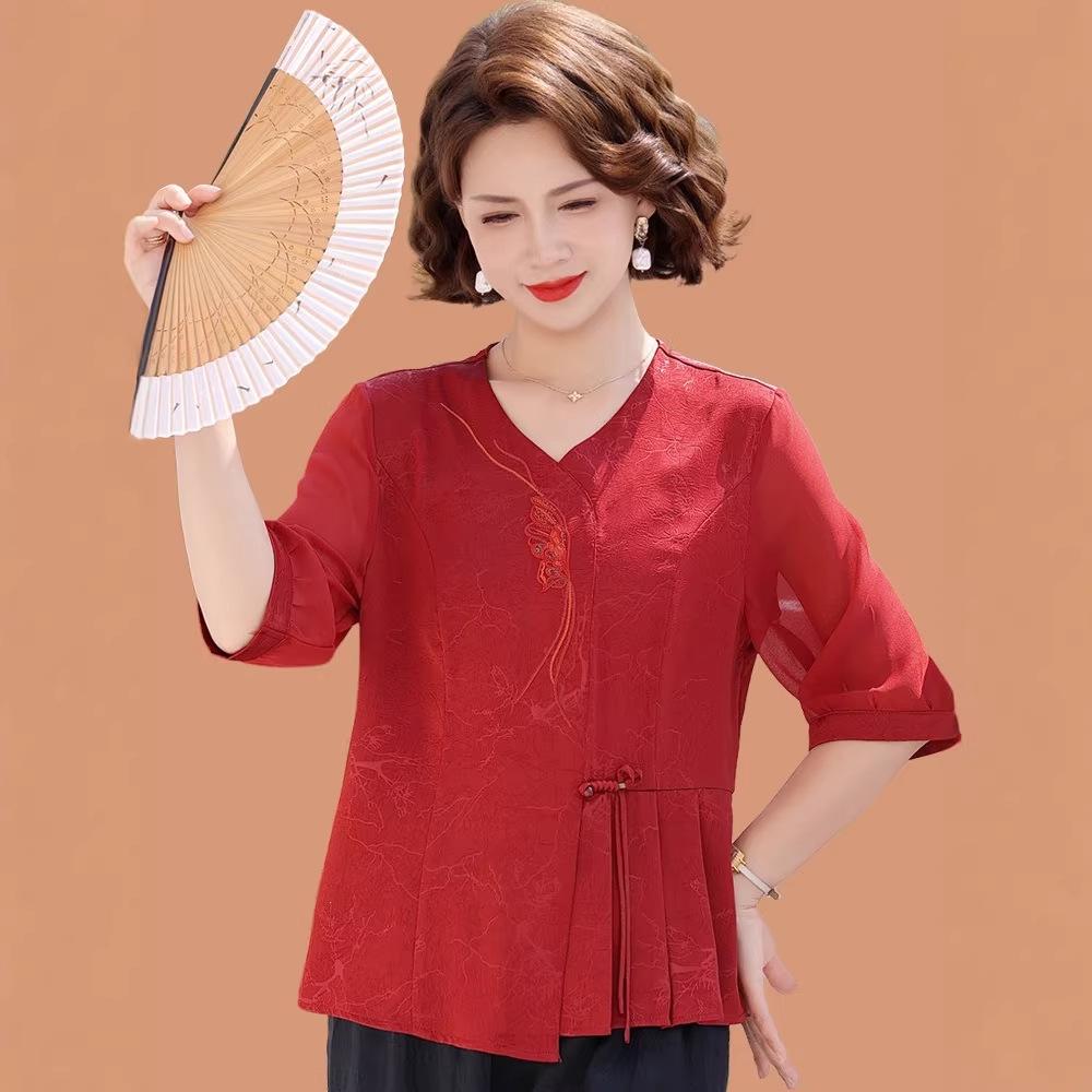 Elegant Chiffon Seven-Sleeve Top for Mom - Dignified & Stylish Summer Wear for Middle-Aged & Elderly Women