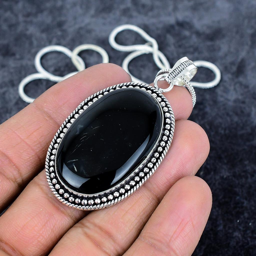Black Onyx Gemstone Handmade 925 Sterling Silver Jewelry Pendant 2.48" M-2902