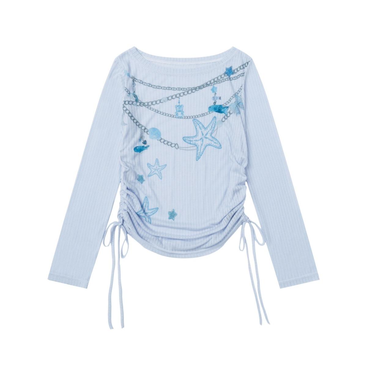 

VAYLA Y2k Women T Shirts Print Long Sleeve Tees Ropa Mujer Off Shoulder Drawstring Tunic Tshirt Sexy T-shirts L синий