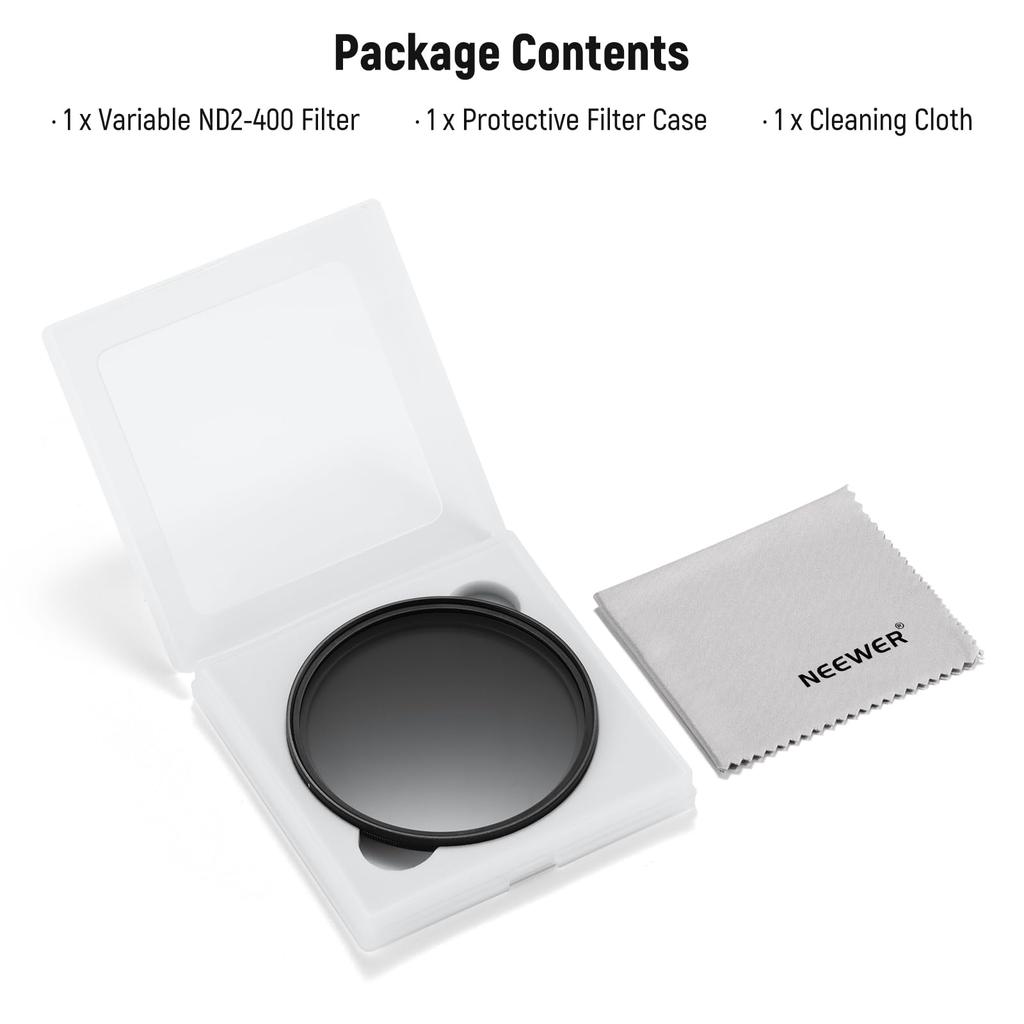 Neewer Basics 58mm Variable ND Filter ND2-400 Camera Lens Filter 1-9 Stop Rotating Dimming Fingerprint-Resistant Ultra-Thin Frame