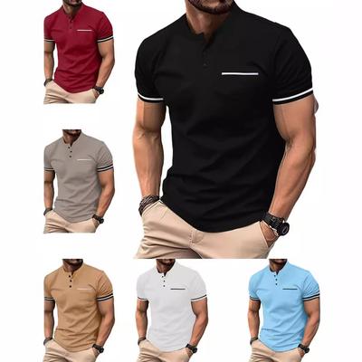Verão Nova Cor Sólida Corpo Camisa Clássico Botão Patchwork Henley Roupas Casual Manga Curta Tops Masculinos